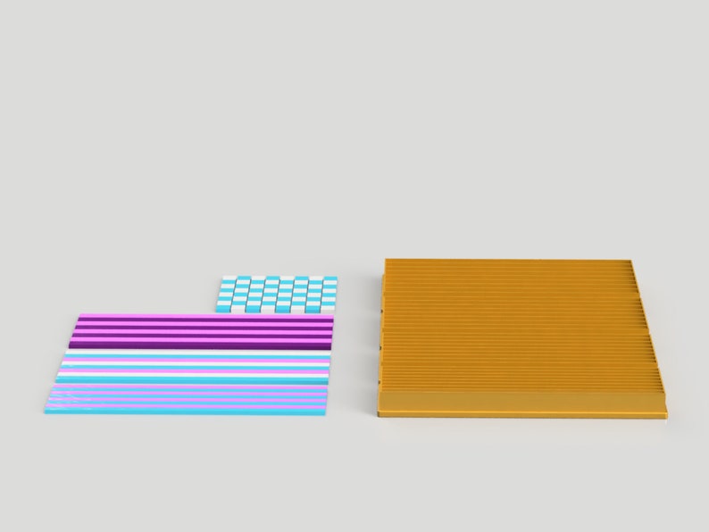 May include: A set of colorful striped and checkered patterned tiles, and a solid gold tile.