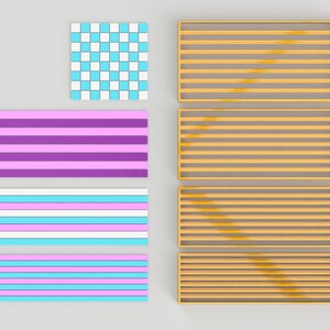 May include: Four different patterns of stripes and a checkered pattern. The stripes are in shades of pink, blue, and white. The checkered pattern is in blue and white.