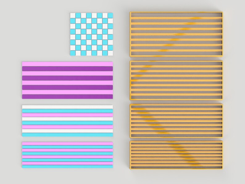 May include: Four different patterns of stripes and a checkered pattern. The stripes are in shades of pink, blue, and white. The checkered pattern is in blue and white.