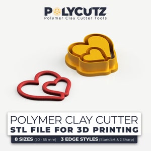 Op de afbeelding: Twee hartvormige polymer clay cutter tools in geel en rood. De cutters zijn ontworpen om te gebruiken met polymer clay om hartvormen te creëren. De cutters zijn verkrijgbaar in 8 maten, variërend van 20 tot 55 millimeter. De cutters hebben 3 randvormen: standaard, 2 scherp.