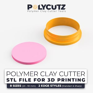 May include: A set of 3D printable polymer clay cutter templates. The image shows a yellow cutter and a pink circle representing the cut out shape. The text reads "POLYMER CLAY CUTTER STL FILE FOR 3D PRINTING 8 SIZES (20-55 mm) 2 EDGE STYLES (Standart & Sharp)"