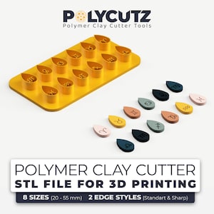 Puede incluir: Un juego de herramientas de corte de arcilla polimérica amarilla con símbolos del zodiaco. El juego incluye una bandeja con recortes a juego y cortadores individuales en varios colores. El texto de la imagen dice "POLYMER CLAY CUTTER STL FILE FOR 3D PRINTING".