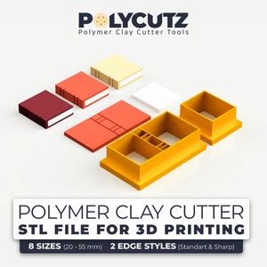 May include: A set of 3D printable polymer clay cutter tools in various sizes. The cutters are shaped like books and are available in orange, red, white, and brown. The text on the image reads "POLYMER CLAY CUTTER STL FILE FOR 3D PRINTING 8 SIZES (20-55 mm) 2 EDGE STYLES (Standart & Sharp)"