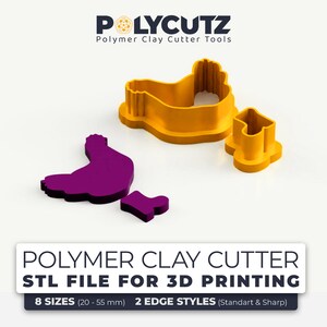 May include: A set of 3D printable polymer clay cutter tools in the shape of a chicken. The cutters are available in 8 sizes ranging from 20 to 55 mm and come with 2 edge styles: standard and sharp.