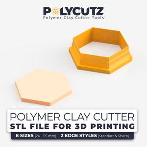 Puede incluir: Un archivo STL imprimible en 3D para un cortador de arcilla polimérica en forma de hexágono. El cortador es amarillo y tiene un borde afilado. El archivo está disponible en 8 tamaños que van de 20 a 55 mm y 2 estilos de borde: estándar y afilado.