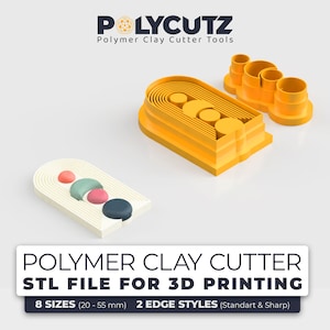 May include: Yellow polymer clay cutter tools in various sizes, with a sample of a finished piece. The tools are designed for 3D printing and include the text "POLYMER CLAY CUTTER STL FILE FOR 3D PRINTING". The sizes range from 20 to 55 mm.