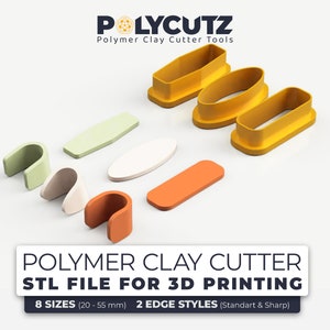 May include: A set of eight polymer clay cutter tools in various sizes and colors, including orange, yellow, green, white, and beige. The tools are designed for 3D printing and are available in two edge styles: standard and sharp. The text on the image reads "POLYMER CLAY CUTTER STL FILE FOR 3D PRINTING 8 SIZES (20-55 mm) 2 EDGE STYLES (Standart & Sharp)"