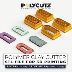 May include: A collection of polymer clay cutter tools in various shapes and colors, including yellow, purple, green, and orange. The image includes the text "POLYMER CLAY CUTTER STL FILE FOR 3D PRINTING" and specifies 8 sizes ranging from 20 to 55 mm.