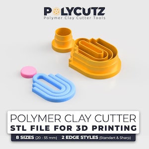 Puede incluir: Un conjunto de 8 herramientas de corte de arcilla polimérica en amarillo y azul. Los cortadores tienen forma de U y vienen en diferentes tamaños. El texto en la imagen dice "POLYMER CLAY CUTTER STL FILE FOR 3D PRINTING 8 SIZES (20-55 mm) 2 EDGE STYLES (Standart & Sharp)"