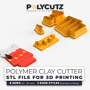 May include: A selection of yellow and red polymer clay cutters in different shapes, including a Mickey Mouse design. The image features text stating "Polymer Clay Cutter STL File for 3D Printing" and indicates 8 sizes, ranging from 20 to 55 mm.