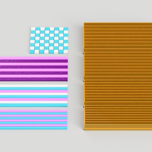 May include: A set of four colorful striped fabric panels, two with pink and purple stripes, one with pink, white, and blue stripes, and one with blue, white, and pink stripes. A yellow wooden shelf with multiple compartments is also included.