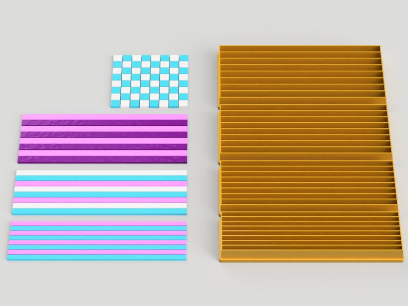 May include: A set of four colorful striped fabric panels, two with pink and purple stripes, one with pink, white, and blue stripes, and one with blue, white, and pink stripes. A yellow wooden shelf with multiple compartments is also included.