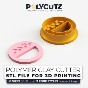 May include: Two polymer clay cutter tools, one yellow and one pink, with a leaf design and a half-circle cutout. The cutters are for 3D printing and come in 8 sizes (20-55 mm) and 2 edge styles (standard & sharp).