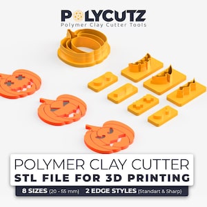 Könnte beinhalten: Ein Satz von acht orangefarbenen und gelben Polymer Clay Cutter Tools in verschiedenen Größen und Formen, darunter Kürbisse und Fledermäuse. Die Cutter sind für den 3D-Druck konzipiert und in zwei Kantenformen erhältlich: Standard und scharf. Der Text "POLYCUTZ Polymer Clay Cutter Tools" wird oben im Bild angezeigt. Der Text "POLYMER CLAY CUTTER STL FILE FOR 3D PRINTING 8 SIZES (20-55 mm) 2 EDGE STYLES (Standart & Sharp)" wird unten im Bild angezeigt.