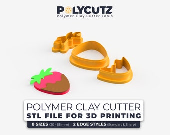 Puede incluir: Un conjunto de tres herramientas de corte de arcilla polimérica para impresión 3D. Los cortadores tienen forma de fresa, hoja y corazón. Los cortadores son de color naranja y amarillo. El texto de la imagen dice "POLYMER CLAY CUTTER STL FILE FOR 3D PRINTING 8 SIZES (20-55 mm) 2 EDGE STYLES (Standart & Sharp)"