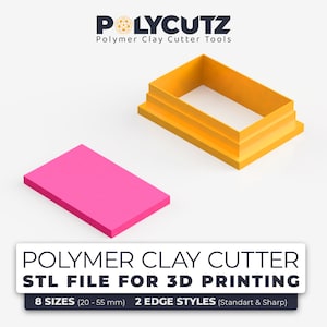 May include: A 3D printable STL file for a polymer clay cutter. The cutter is a rectangular shape with rounded edges. The image shows two different sizes of the cutter, one in yellow and one in pink. The text on the image reads "POLYMER CLAY CUTTER STL FILE FOR 3D PRINTING 8 SIZES (20-55 mm) 2 EDGE STYLES (Standart & Sharp)"