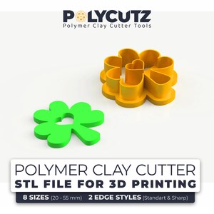 May include: A yellow plastic 3D printed clover-shaped cookie cutter with a heart in the centre. The cutter is shown next to a green plastic 3D printed clover-shaped cookie cutter with a heart in the centre. The text "POLYMER CLAY CUTTER STL FILE FOR 3D PRINTING 8 SIZES (20-55 mm) 2 EDGE STYLES (Standart & Sharp)" is below the cutters.