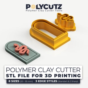 Pode incluir: Um conjunto de ferramentas de corte de argila polimérica imprimíveis em 3D. As ferramentas são amarelas e apresentam um design de cobra e uma forma de arco. O texto na imagem diz "POLYMER CLAY CUTTER STL FILE FOR 3D PRINTING 8 SIZES (20-55 mm) 3 EDGE STYLES (Standart & 2 Sharp)"
