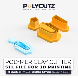 May include: A set of 3D printable polymer clay cutter tools in yellow and blue. The cutters are shaped like a hexagon, a rectangle, and a teardrop. The text on the image reads "POLYMER CLAY CUTTER STL FILE FOR 3D PRINTING 8 SIZES (20-55 mm) 2 EDGE STYLES (Standart & Sharp)"