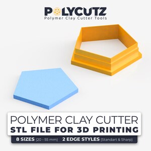 May include: A 3D printed polymer clay cutter in the shape of a hexagon. The cutter is yellow and has a blue hexagon shape on the bottom. The text on the image reads "POLYMER CLAY CUTTER STL FILE FOR 3D PRINTING 8 SIZES (20-55 mm) 2 EDGE STYLES (Standart & Sharp)"