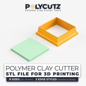 May include: A 3D printable STL file for a polymer clay cutter. The image shows a yellow square cutter with a green square base. The text on the image reads "POLYMER CLAY CUTTER STL FILE FOR 3D PRINTING 8 SIZES (20-55 mm) 2 EDGE STYLES (Standart & Sharp)"
