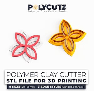 Op de afbeelding: Twee polymer clay cutter-gereedschappen in de vorm van een bloem. De cutter aan de linkerkant is rood en de cutter aan de rechterkant is geel. De cutters zijn verkrijgbaar in 8 maten van 20 tot 55 millimeter en 3 randvormen: standaard en 2 scherp.