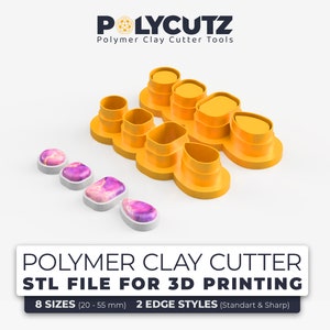 May include: A set of eight yellow polymer clay cutter tools for 3D printing. The cutters are in various shapes and sizes, ranging from 20 to 55 mm. The cutters have two edge styles: standard and sharp. The image also shows examples of the shapes that can be cut with the tools.