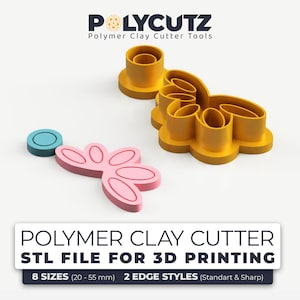 May include: Two polymer clay cutter tools in yellow and pink, with a blue base. The cutters are shaped like a flower with five petals. The text "POLYMER CLAY CUTTER STL FILE FOR 3D PRINTING 8 SIZES (20-55 mm) 2 EDGE STYLES (Standart & Sharp)" is displayed below the cutters.