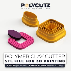 May include: An assortment of polymer clay cutter tools in yellow and pink, with a purple oval. The tools are in various geometric shapes, including a square and an oval. Text on the image reads "POLYMER CLAY CUTTER STL FILE FOR 3D PRINTING".