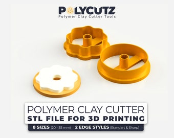 May include: Three yellow polymer clay cutter tools in the shape of a flower with a hole in the center. The cutters are on a white background. The text "POLYMER CLAY CUTTER STL FILE FOR 3D PRINTING 8 SIZES (20-55 mm) 2 EDGE STYLES (Standart & Sharp)" is below the cutters.