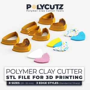 May include: A set of 8 polymer clay cutter shapes in various sizes, ranging from 20 to 55 mm. The cutters are in a gold color and have 3 different edge styles: standard and 2 sharp. The image also shows examples of the cutters used to create shapes in polymer clay.