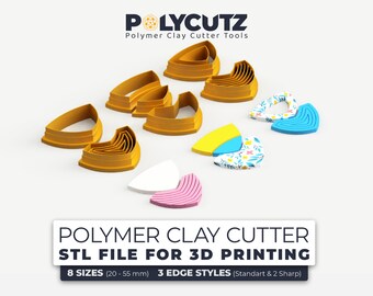 May include: A set of 8 polymer clay cutter shapes in various sizes, ranging from 20 to 55 mm. The cutters are in a gold color and have 3 different edge styles: standard and 2 sharp. The image also shows examples of the cutters used to create shapes in polymer clay.