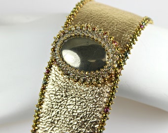 Bead Embroidery Pyrite with Gold Leather Embroidered Cuff