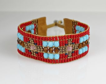 Beaded Boho Bracelet Red and Turquoise