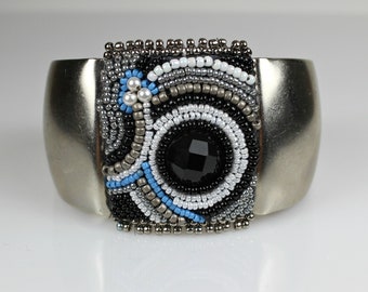 Silver Beaded Cuff - Black Onyx Bead Embroidered Cuff Bracelet