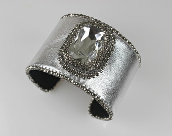 Silver Leather Cuff with Faceted Swarovski Cab
