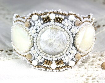 White Angel Wing Stone, Mother of Pearl and Freshwater Pearl Beaded Bracelet Cuff