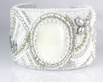 Mother of Pearl Bead Embroidered White and Silver Large Chunky Bold Statement Cuff Bracelet Bridal and Wedding