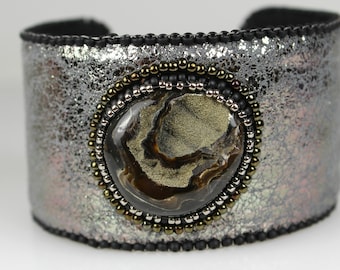 Druzy and Silver Textured Leather Wide  Embroidered Cuff Bracelet