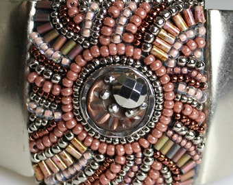 Silver Beaded Cuff - Antique Look Bead Embroidered Bracelet with Vintage Button