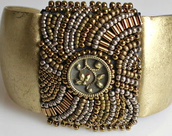 Gold Beaded Cuff - Antique Look Bead Embroidered Bracelet with Vintage Button