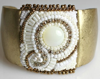 Gold Beaded Cuff - Antique Look Bead Embroidered Bracelet with Mother of Pearl