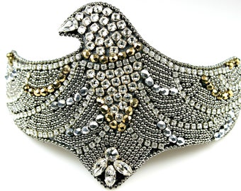 Eagle Silver Swarovski Bead Embroidered Cuff Bracelet