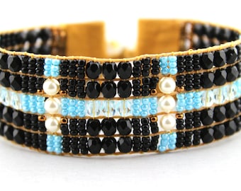 Beaded Loomed Bracelet with Black Fire Polished Beads and Cream Swarovski Pearls