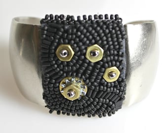 Silver Beaded Cuff - Antique Look Bead Embroidered Bracelet