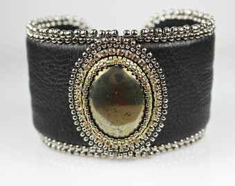 Wide Pyrite and Black Leather Bead Embroidered Cuff