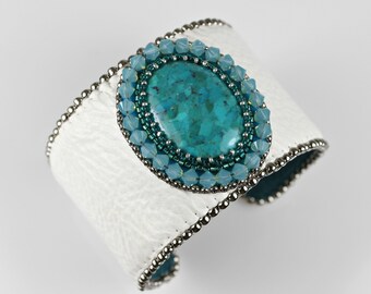 White Leather Turquoise Cab Beaded Wide Cuff