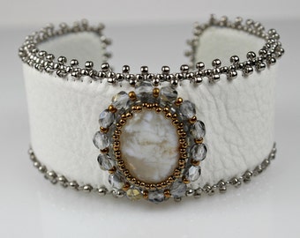 White Leather Beaded Jewelry  Bead Embroidery Statement  Cuff with Angel Wing Agate