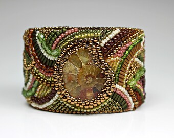 Beaded Statement Bracelet Cuff - Ammonite Fossil Big Bold Intricate Embroidered Jewelry