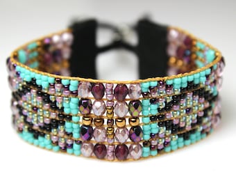 Beaded Boho Bracelet Black, Purple and Turquoise